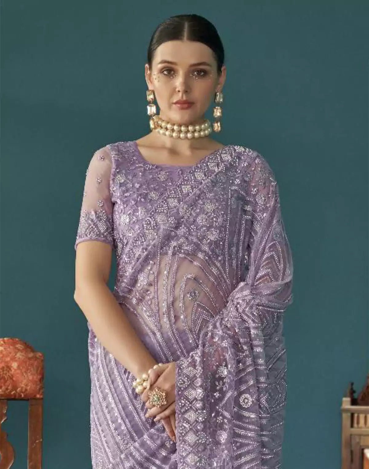 Purple Floral Embroidery and Stones Work Netted Saree With Designer Blouse - South India Shopping Mall