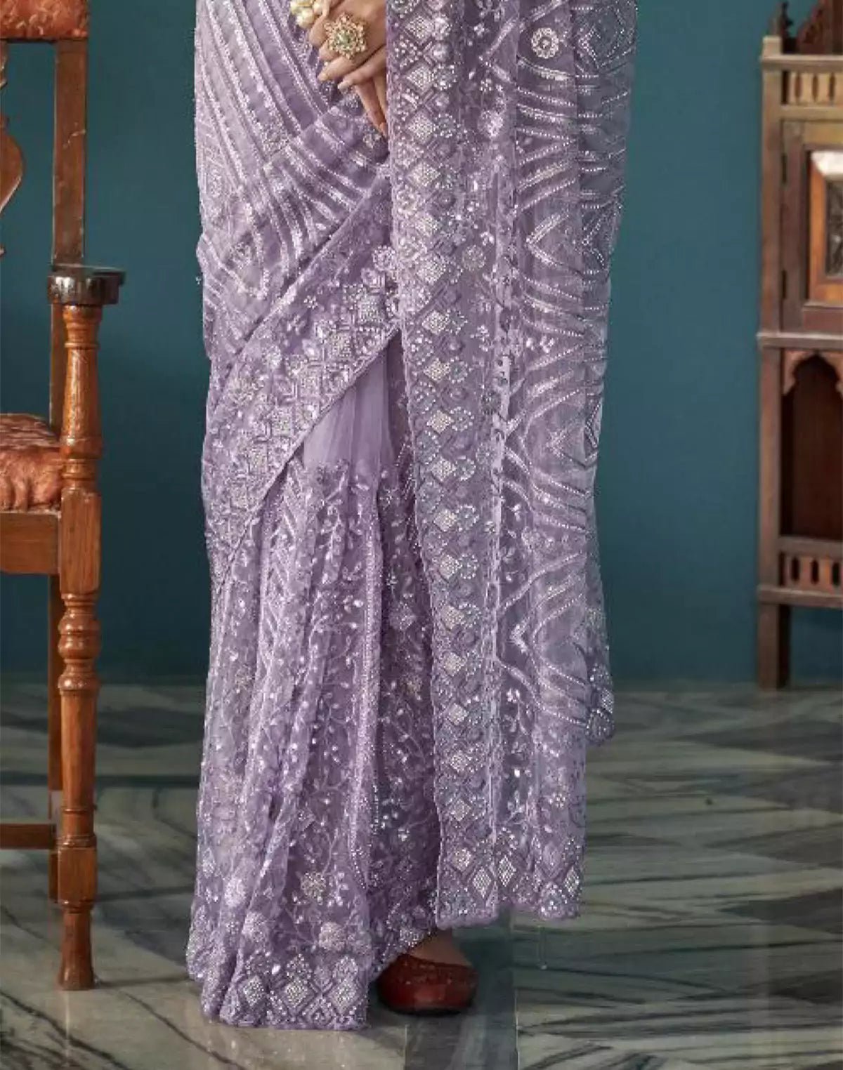 Image of Purple Floral Embroidery and Stones Work Netted Saree With Designer Blouse - South India Shopping Mall