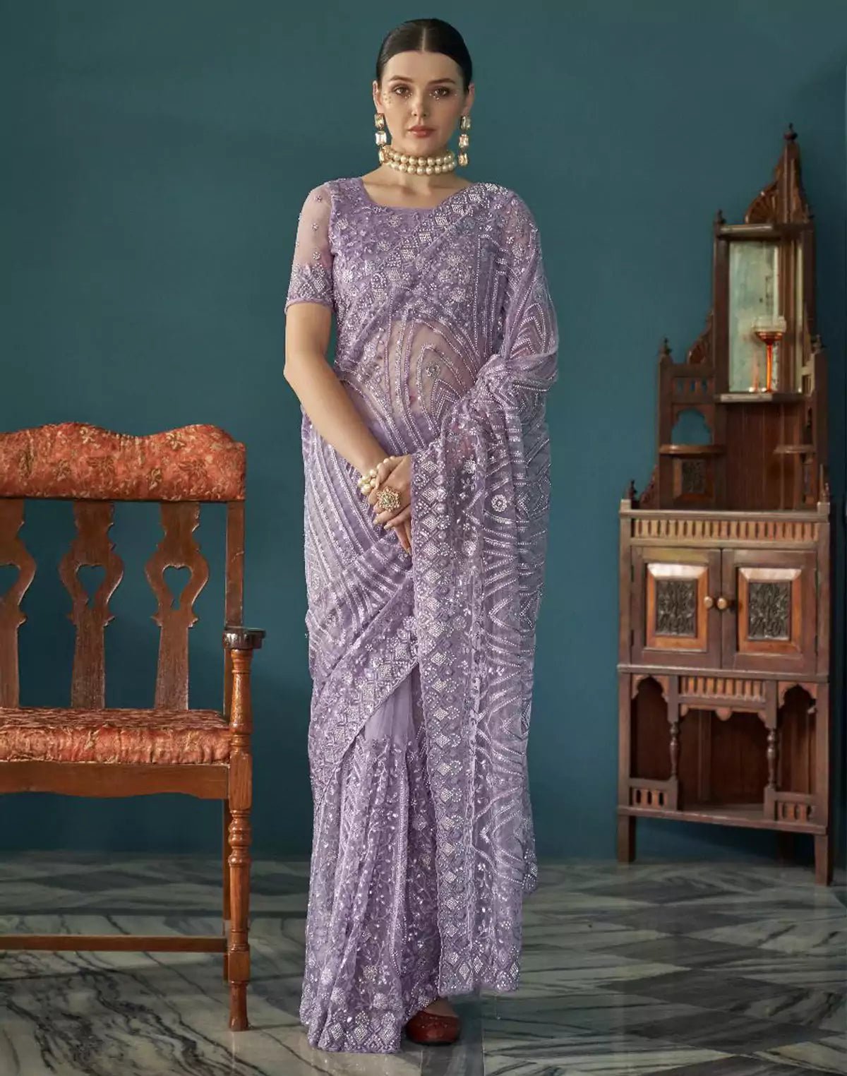 Image of Purple Floral Embroidery and Stones Work Netted Saree With Designer Blouse - South India Shopping Mall