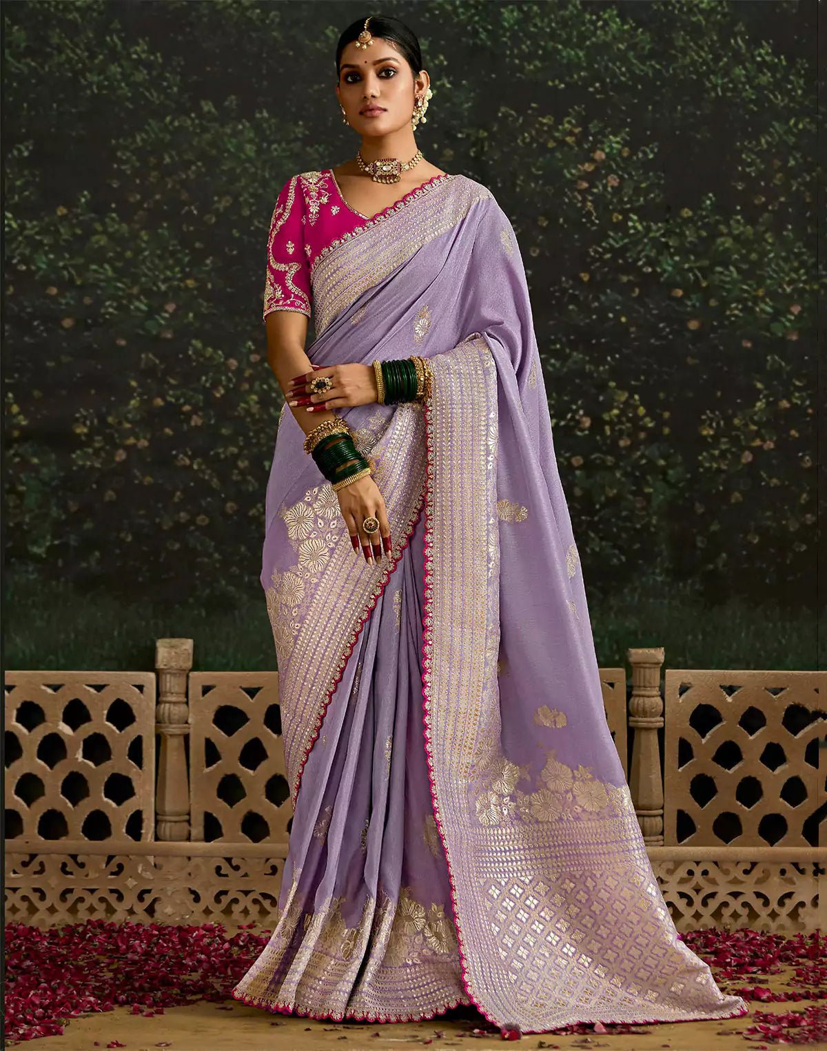 Image of Purple Floral Motifs Pure Dola Silk Saree With Contrast Embroidery Work Blouse - South India Shopping Mall