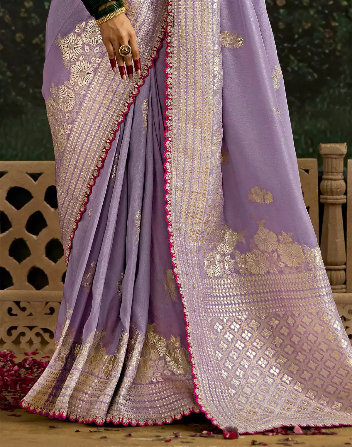 Image of Purple Floral Motifs Pure Dola Silk Saree With Contrast Embroidery Work Blouse - South India Shopping Mall
