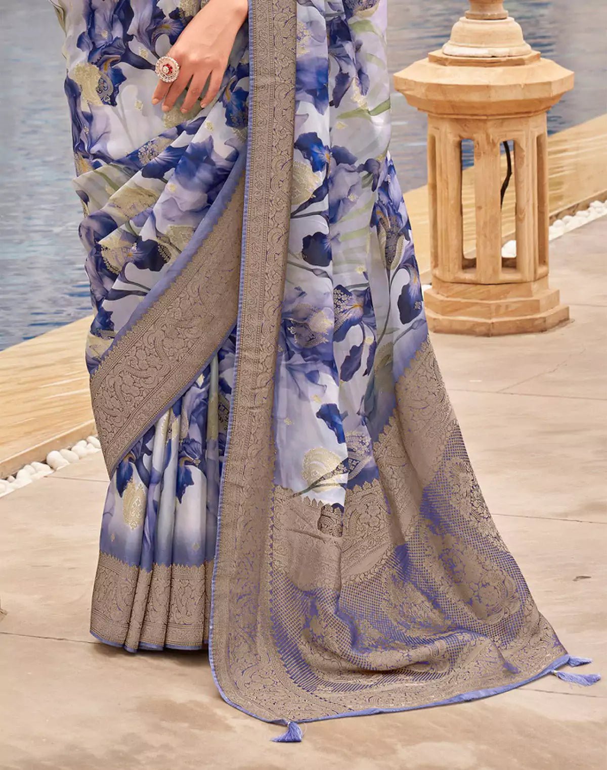 Image of Purple Floral Print Art Silk Saree with Tussels - South India Shopping Mall