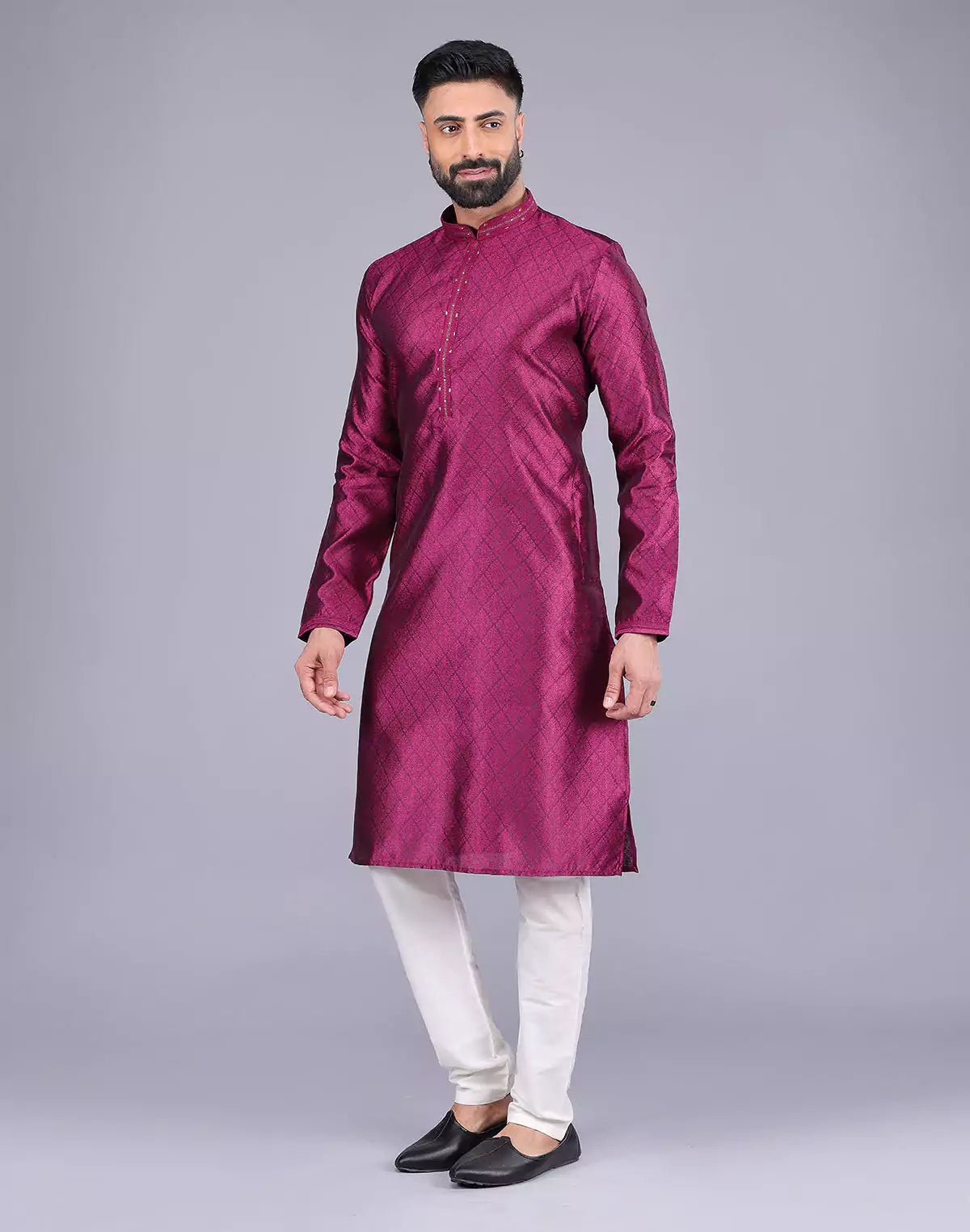 Image of Purple Self Floral Design Soft Silk Kurta Pajama - South India Shopping Mall