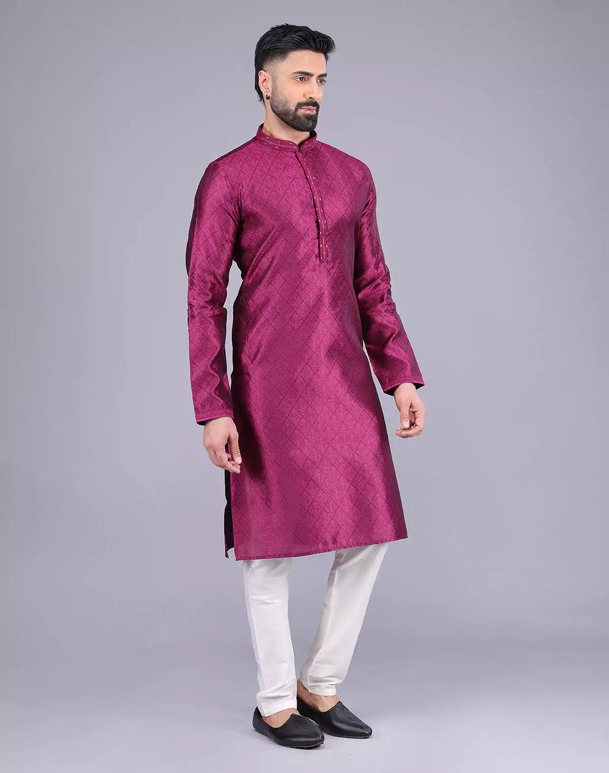 Image of Purple Self Floral Design Soft Silk Kurta Pajama - South India Shopping Mall