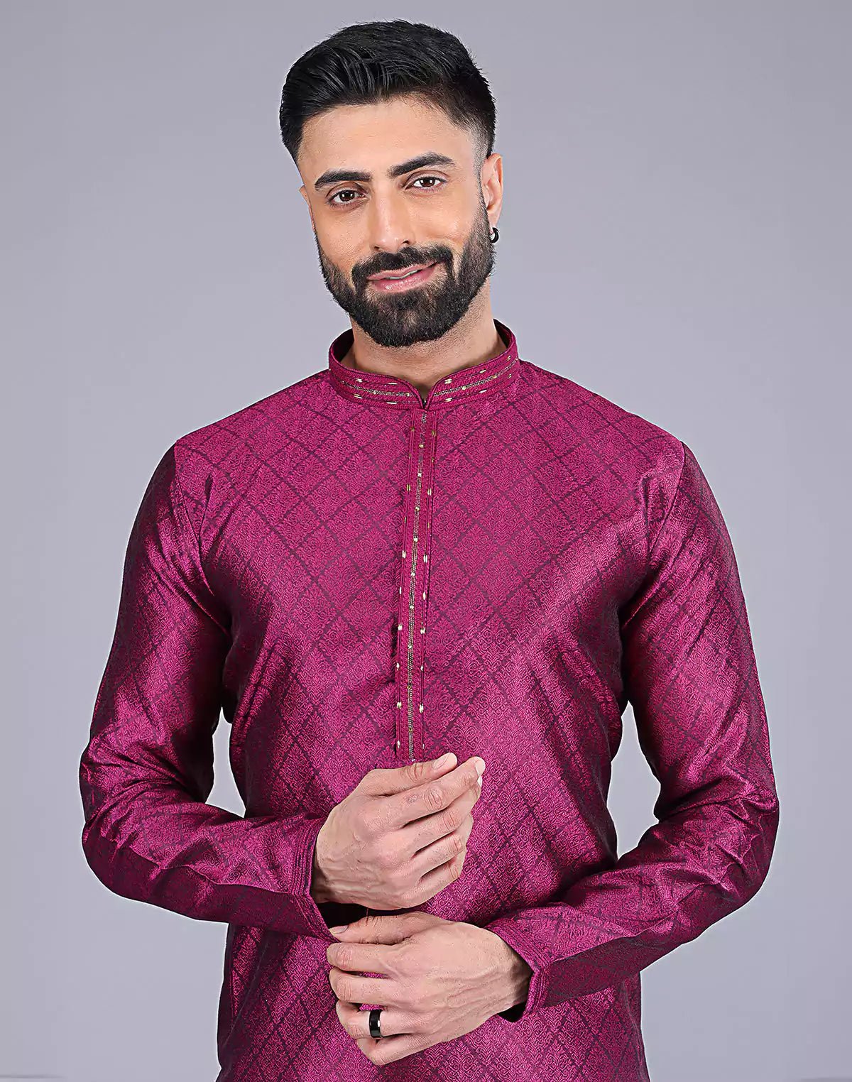 Image of Purple Self Floral Design Soft Silk Kurta Pajama - South India Shopping Mall
