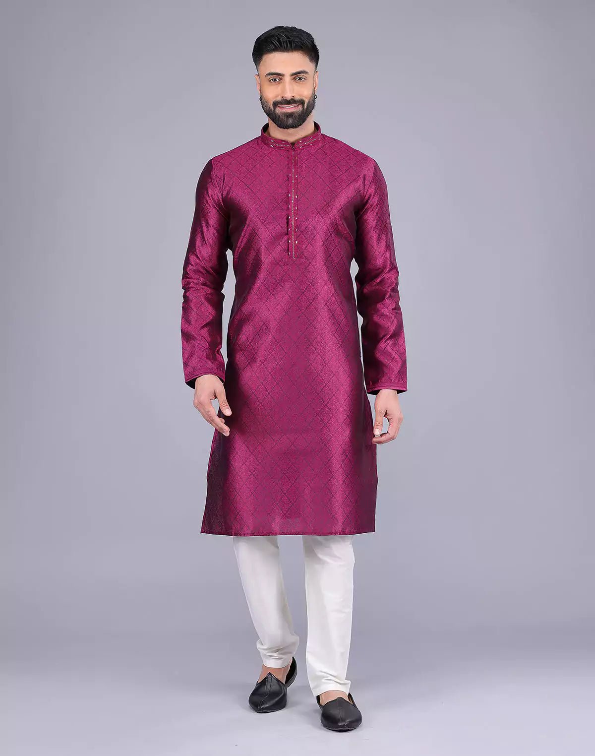 Image of Purple Self Floral Design Soft Silk Kurta Pajama - South India Shopping Mall