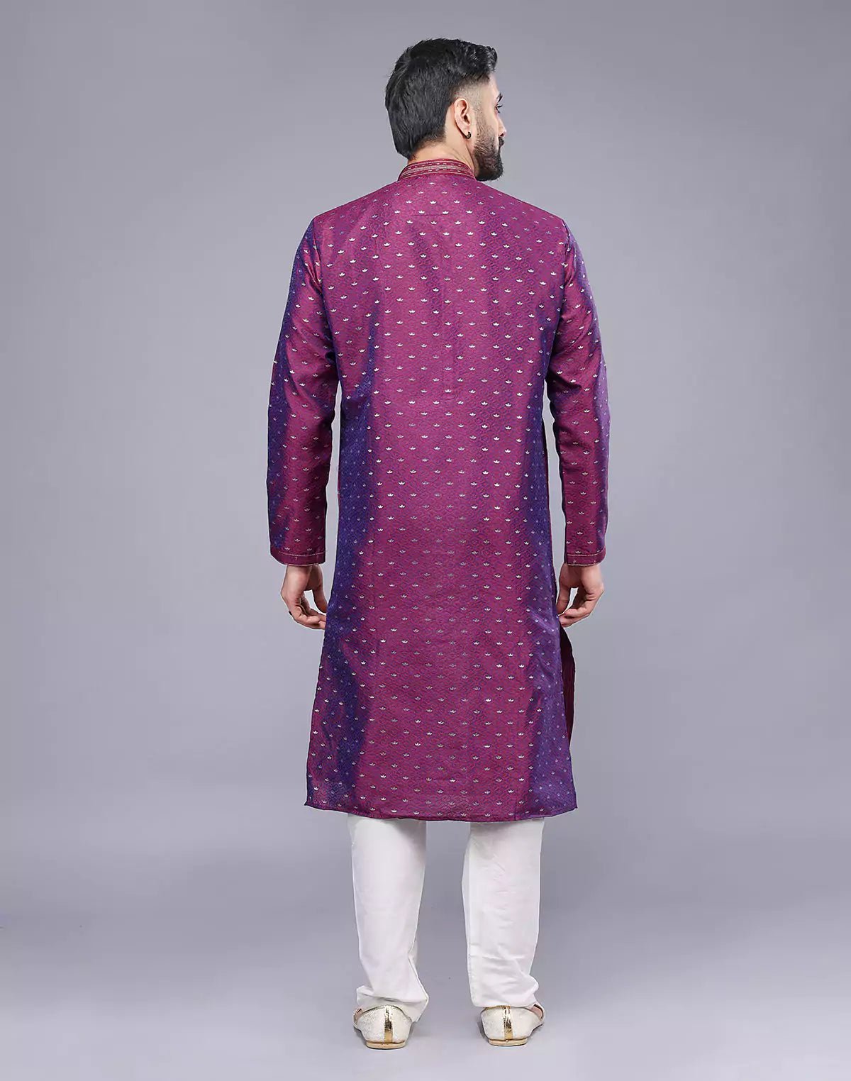 Image of Purple Soft Silk Floral Bootis and Self Weaving Kurta Pyjama Set - South India Shopping Mall