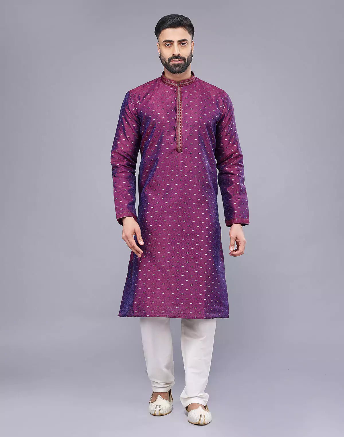 Image of Purple Soft Silk Floral Bootis and Self Weaving Kurta Pyjama Set - South India Shopping Mall