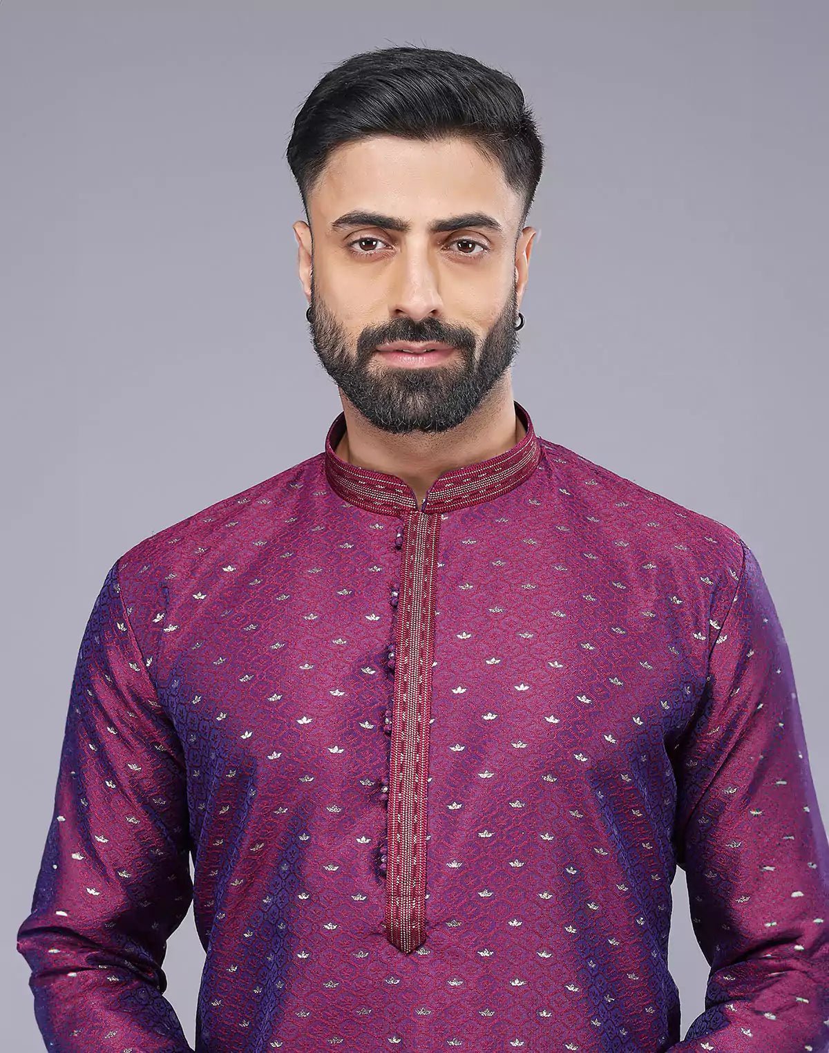 Image of Purple Soft Silk Floral Bootis and Self Weaving Kurta Pyjama Set - South India Shopping Mall