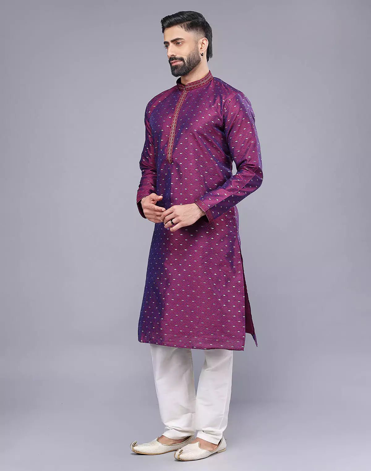 Image of Purple Soft Silk Floral Bootis and Self Weaving Kurta Pyjama Set - South India Shopping Mall