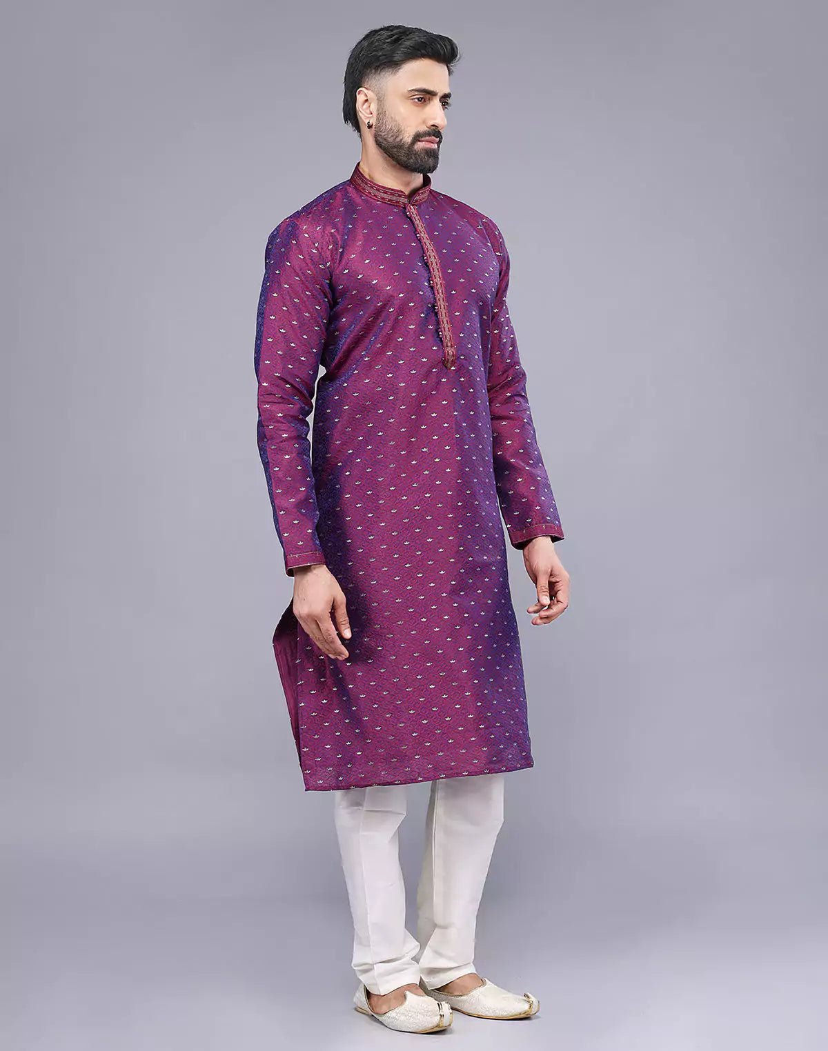 Image of Purple Soft Silk Floral Bootis and Self Weaving Kurta Pyjama Set - South India Shopping Mall