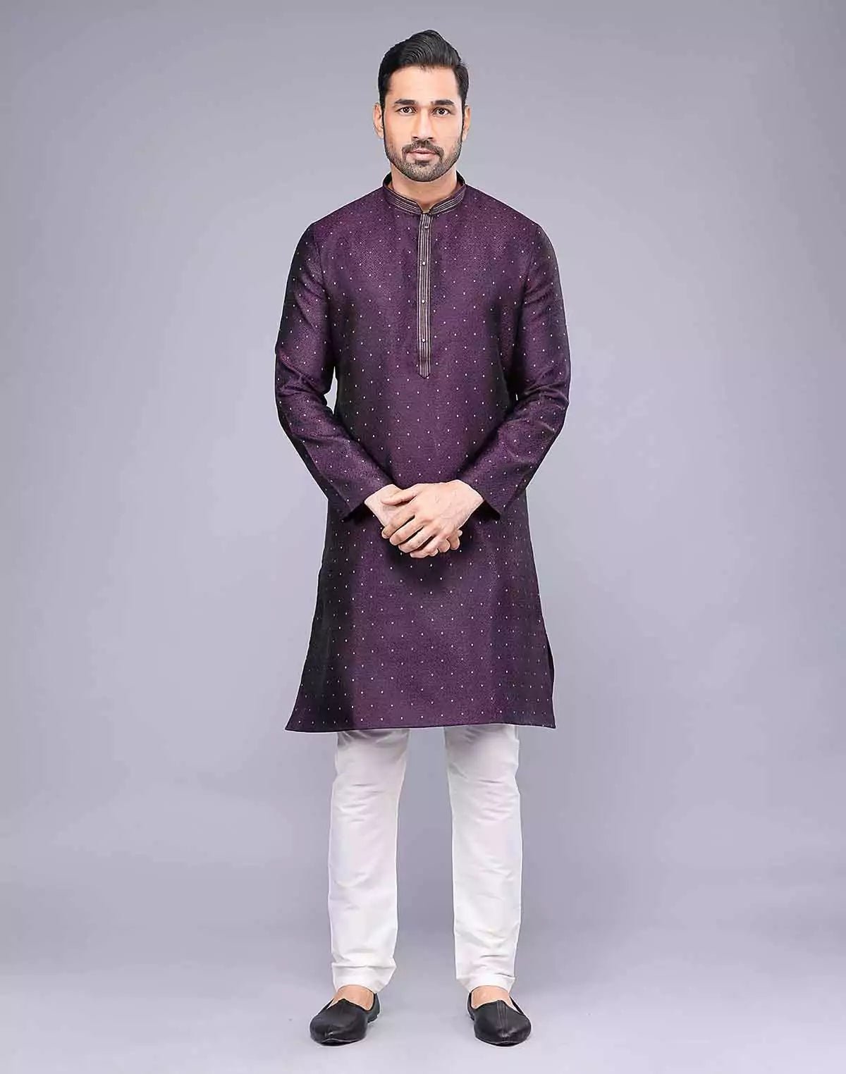 Image of Purple Soft Silk Self Design Kurta Pyjama Set - South India Shopping Mall