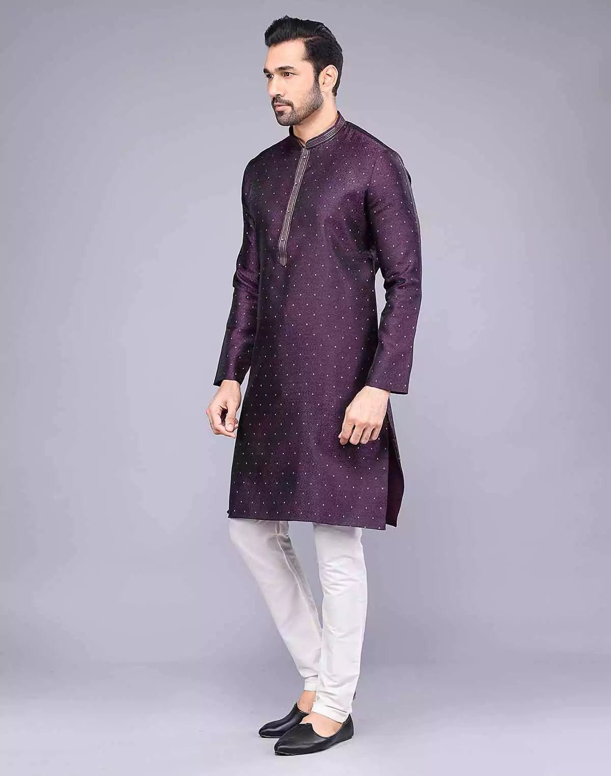 Image of Purple Soft Silk Self Design Kurta Pyjama Set - South India Shopping Mall