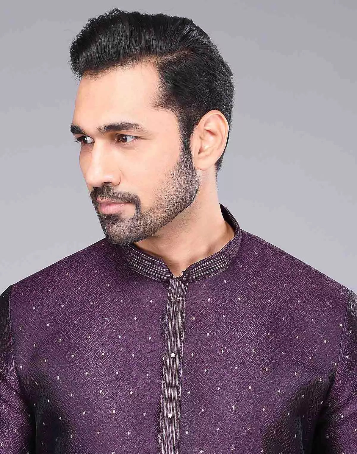 Image of Purple Soft Silk Self Design Kurta Pyjama Set - South India Shopping Mall