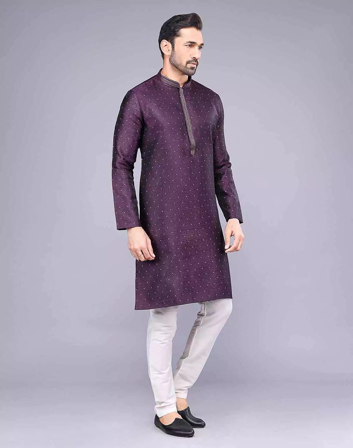 Image of Purple Soft Silk Self Design Kurta Pyjama Set - South India Shopping Mall
