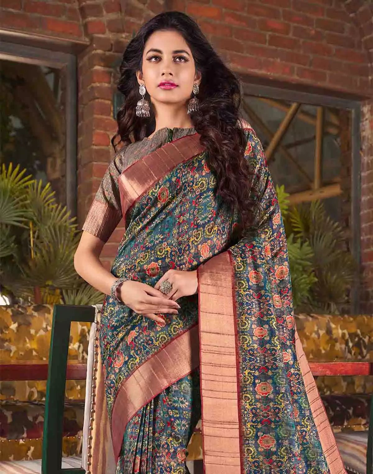 Image of Rama Blue Digital Printed Tussar Silk Saree - South India Shopping Mall