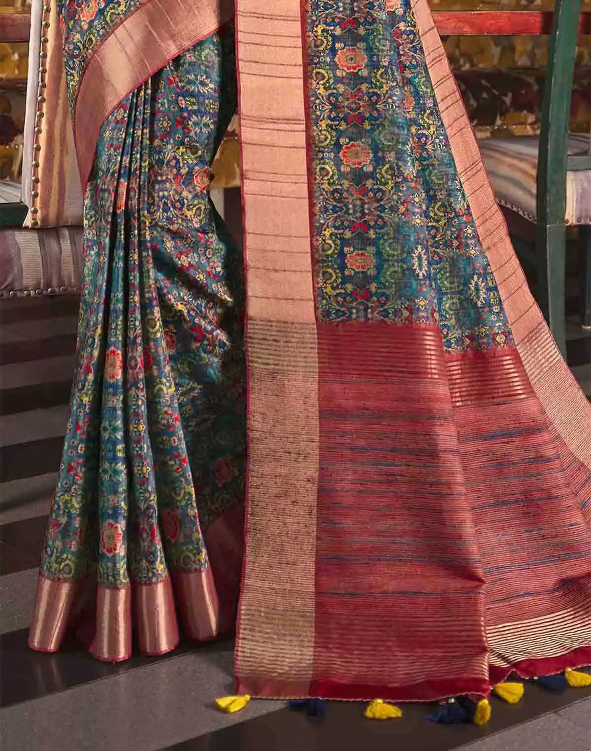Image of Rama Blue Digital Printed Tussar Silk Saree - South India Shopping Mall