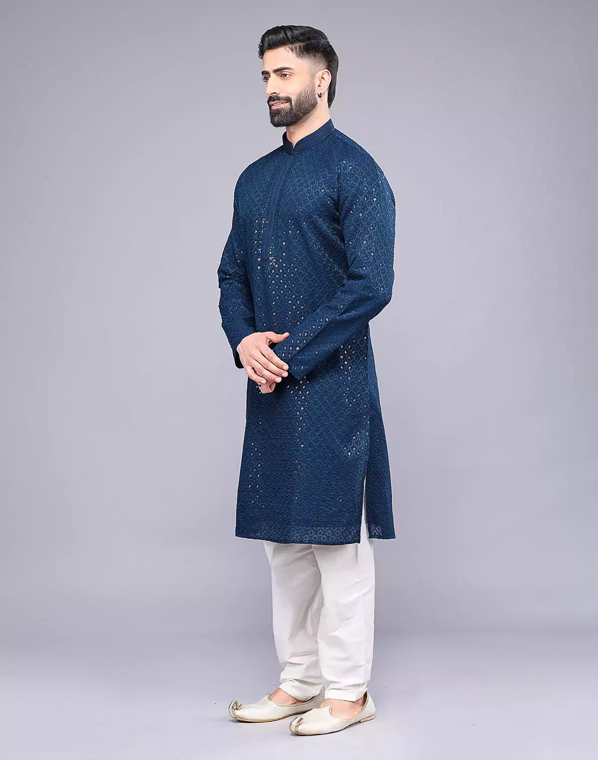 Image of Rama Blue Embellished Work Georgette Party Wear Kurta Pyjama Set - South India Shopping Mall