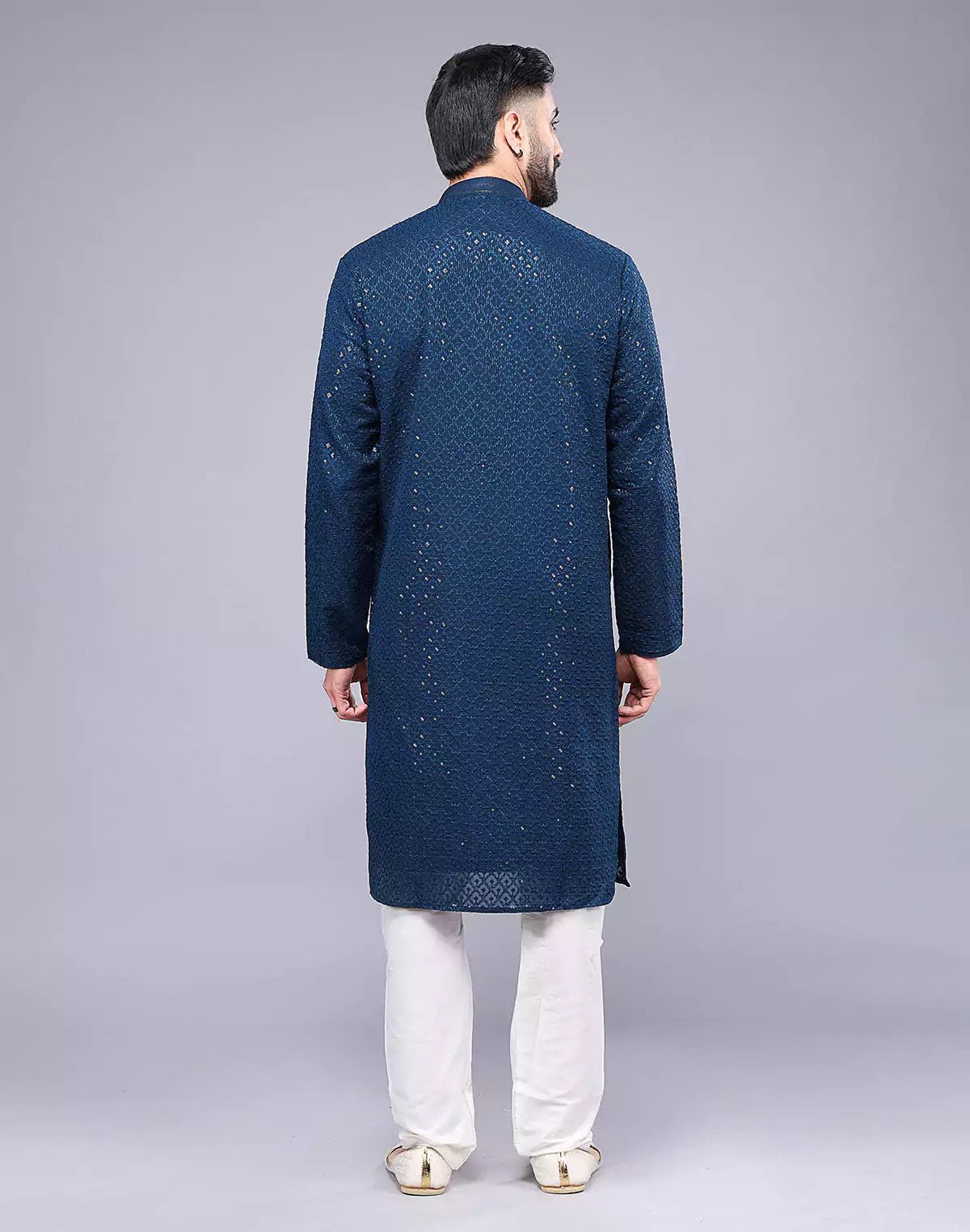 Image of Rama Blue Embellished Work Georgette Party Wear Kurta Pyjama Set - South India Shopping Mall