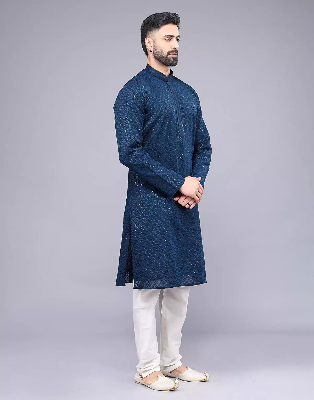 Image of Rama Blue Embellished Work Georgette Party Wear Kurta Pyjama Set - South India Shopping Mall