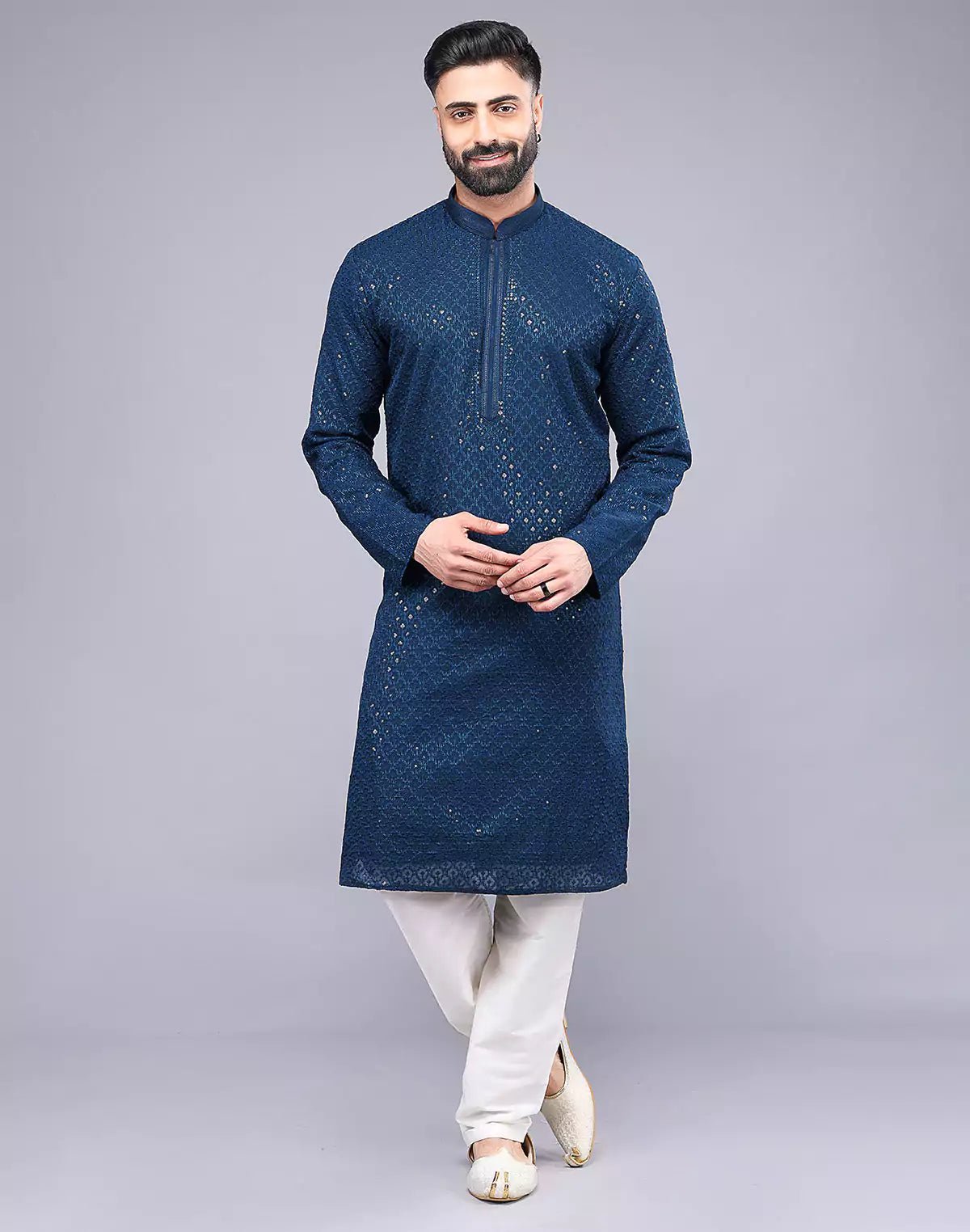 Image of Rama Blue Embellished Work Georgette Party Wear Kurta Pyjama Set - South India Shopping Mall