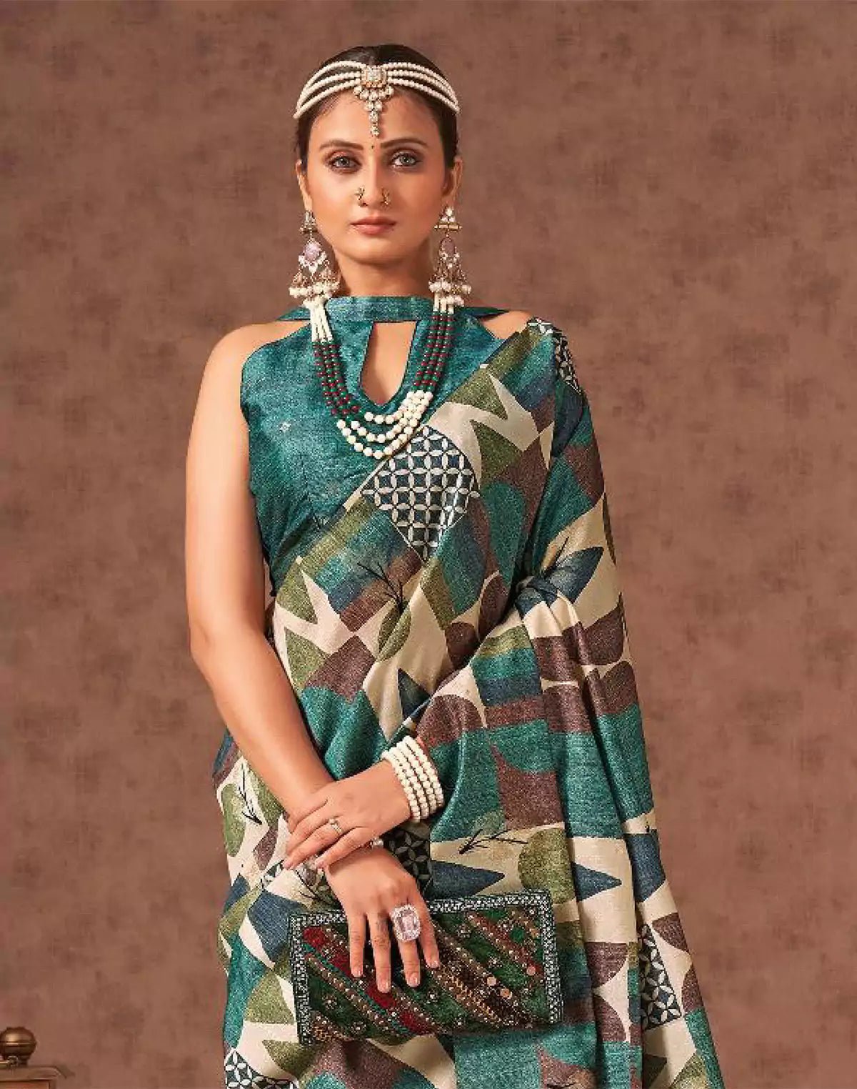 Image of Rama Blue Geometric Print Party Wear Tussar Silk Saree - South India Shopping Mall