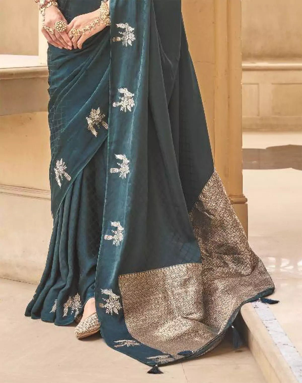 Image of Rama Blue Satin Saree With Golden Pallu - South India Shopping Mall