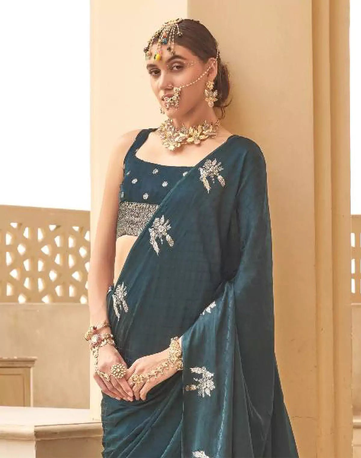 Image of Rama Blue Satin Saree With Golden Pallu - South India Shopping Mall