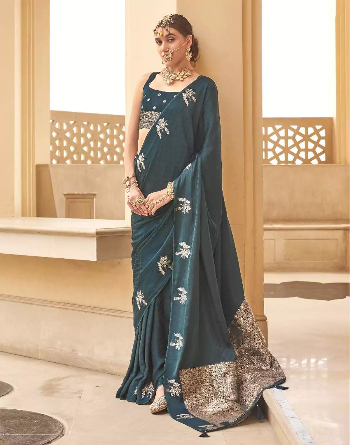 Image of Rama Blue Satin Saree With Golden Pallu - South India Shopping Mall