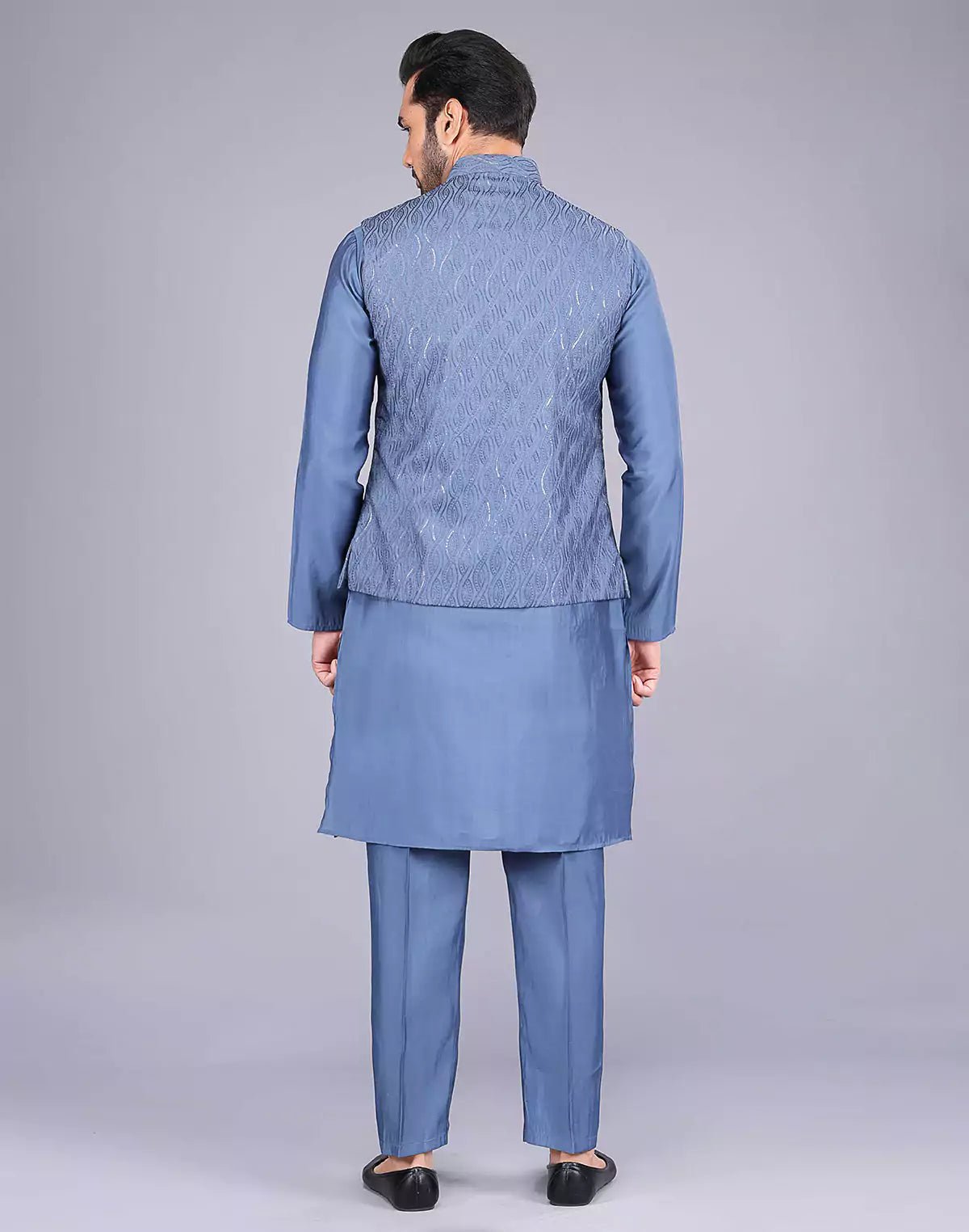 Image of Rama Blue Self Thread Embroidery Work Kurta Jacket Set - South India Shopping Mall