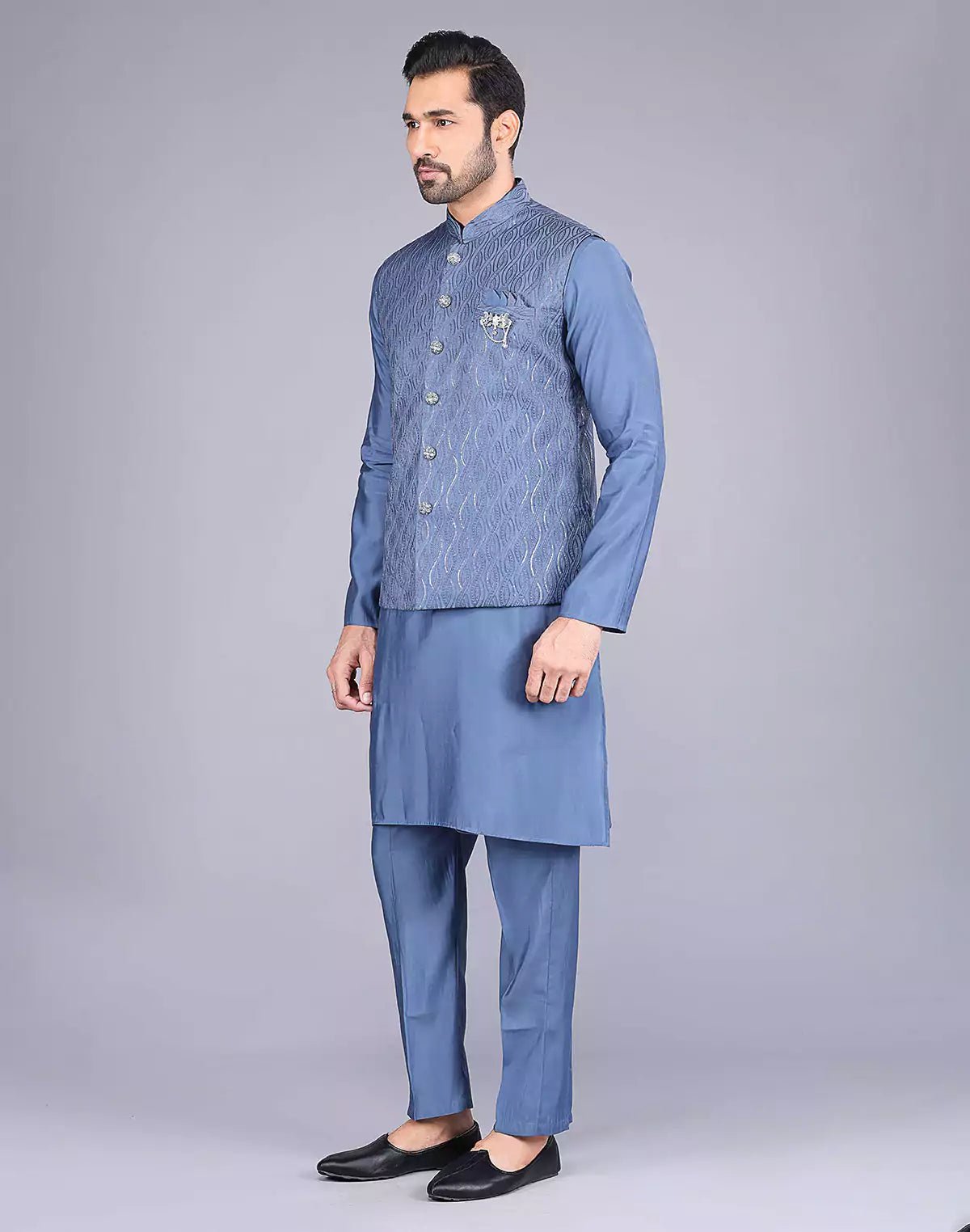 Image of Rama Blue Self Thread Embroidery Work Kurta Jacket Set - South India Shopping Mall
