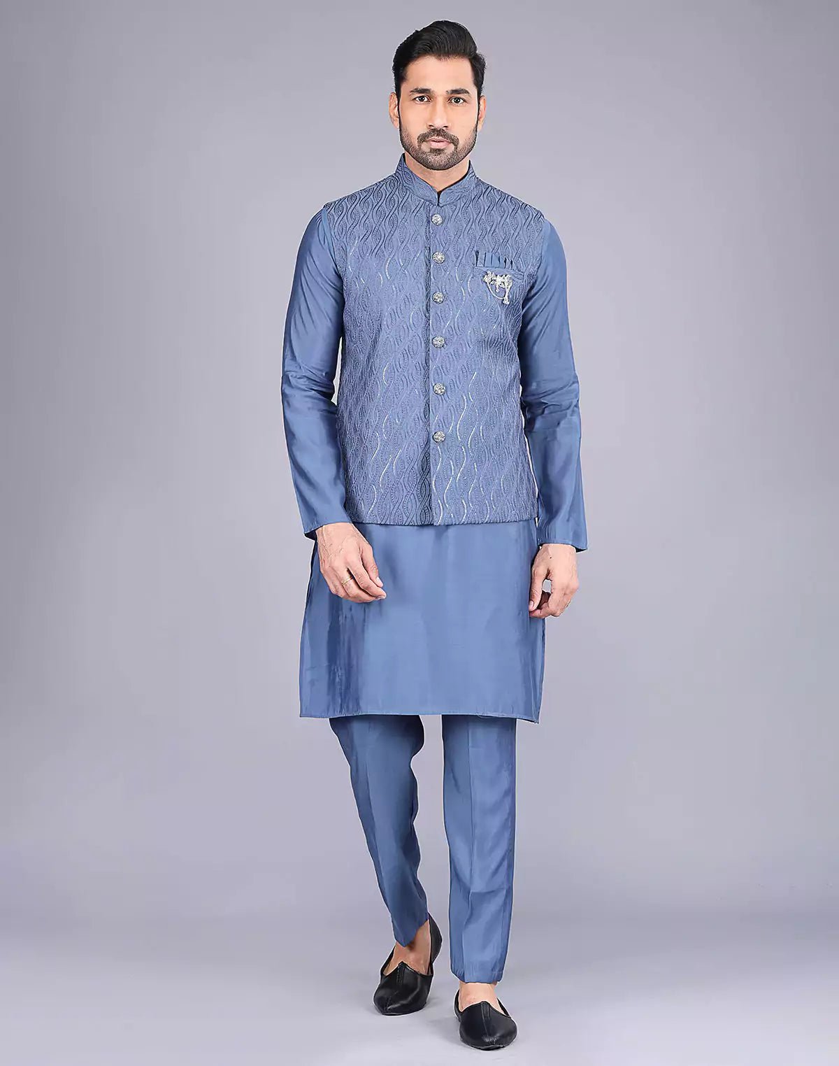 Image of Rama Blue Self Thread Embroidery Work Kurta Jacket Set - South India Shopping Mall