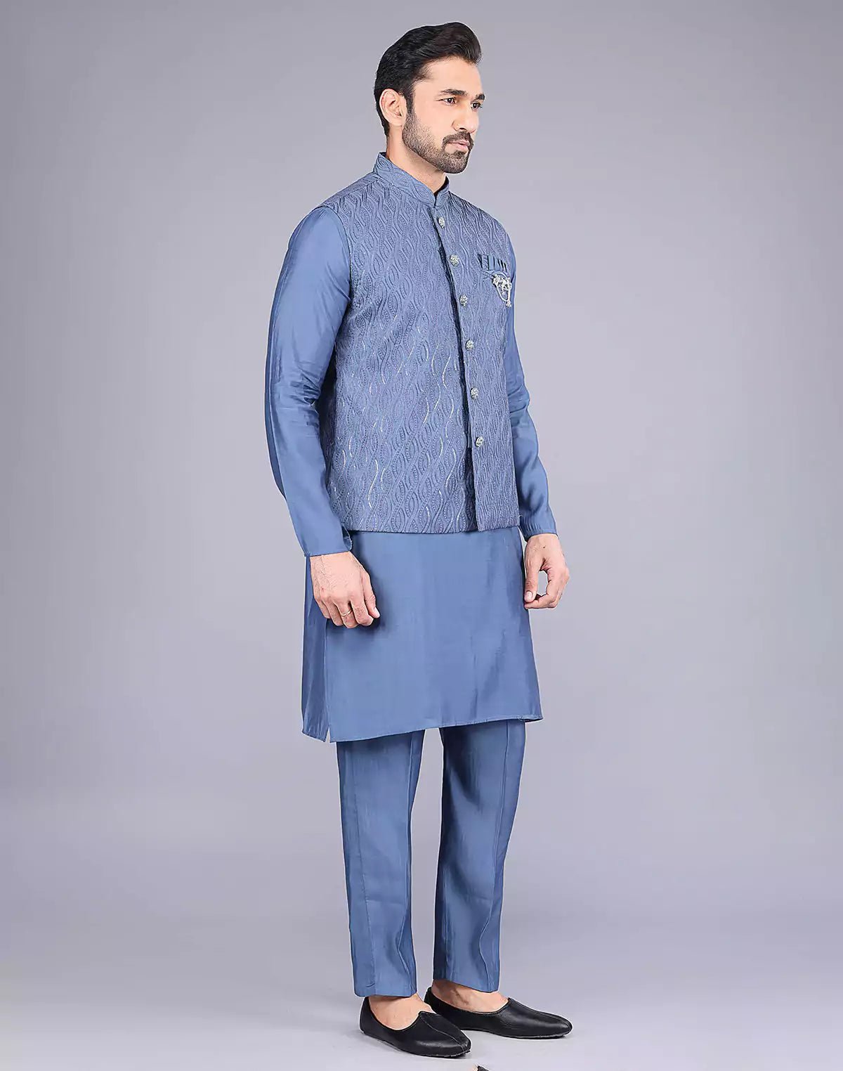 Image of Rama Blue Self Thread Embroidery Work Kurta Jacket Set - South India Shopping Mall