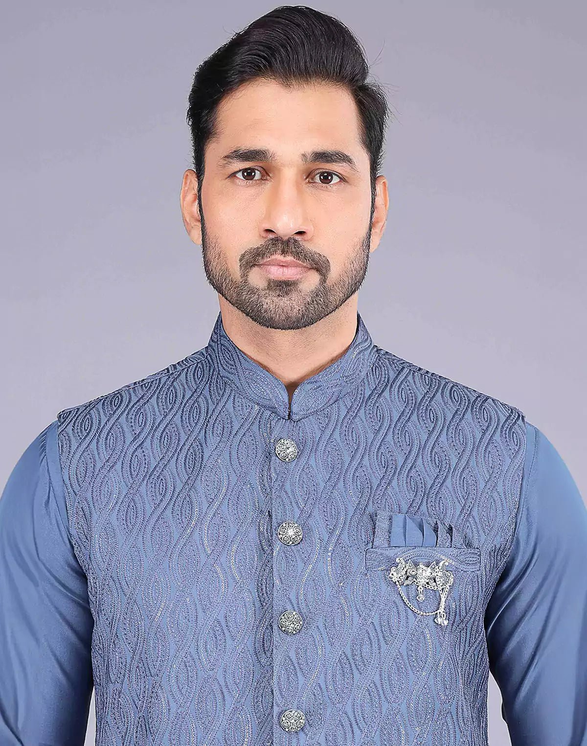 Image of Rama Blue Self Thread Embroidery Work Kurta Jacket Set - South India Shopping Mall