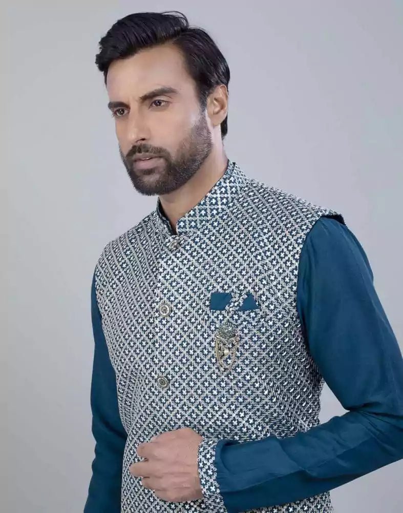 Image of Rama Green All Over Heavy Thread and Sequence Work Kurta Jacket Set - South India Shopping Mall