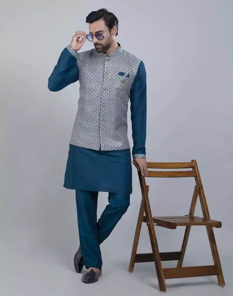 Image of Rama Green All Over Heavy Thread and Sequence Work Kurta Jacket Set - South India Shopping Mall