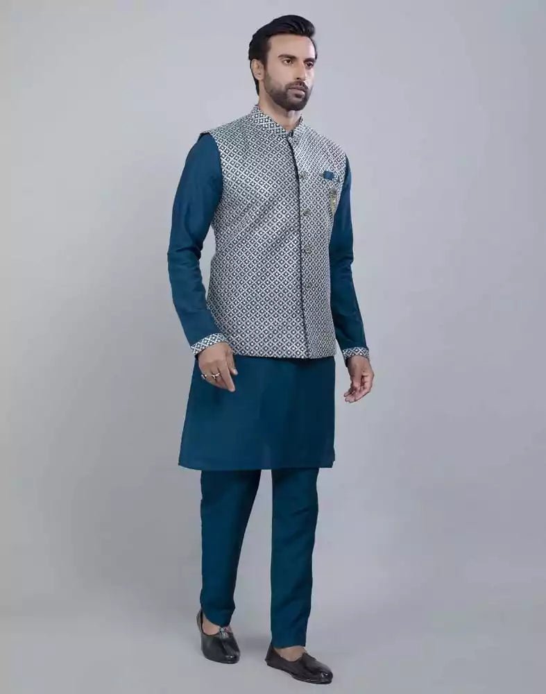 Image of Rama Green All Over Heavy Thread and Sequence Work Kurta Jacket Set - South India Shopping Mall