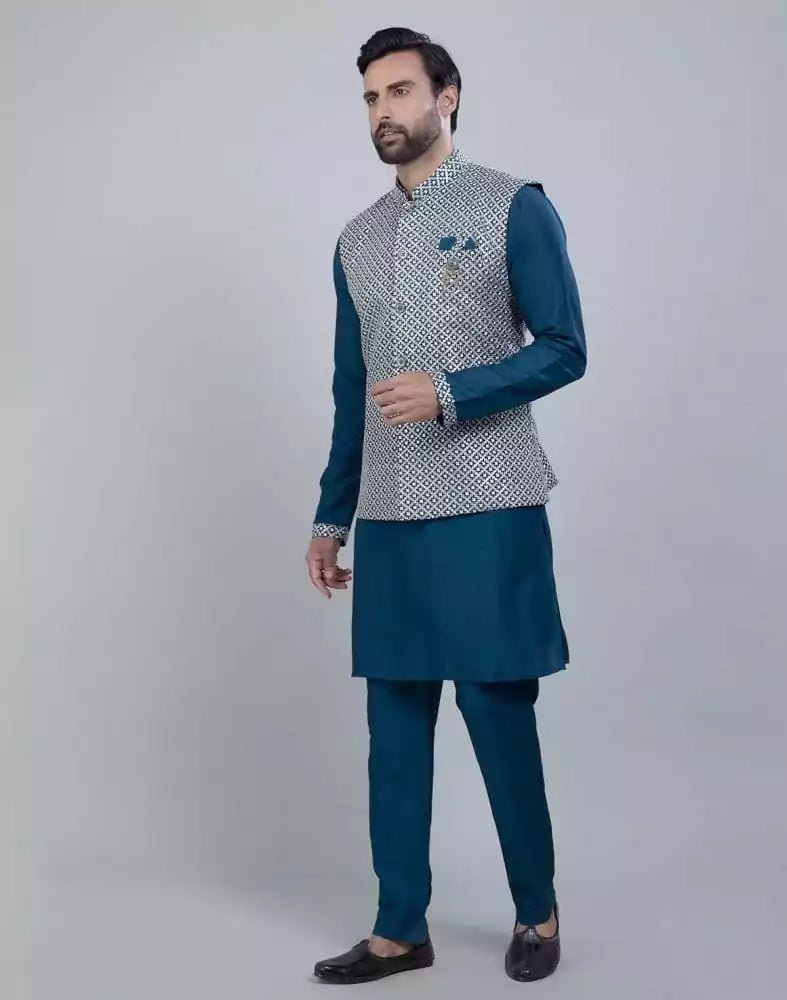 Image of Rama Green All Over Heavy Thread and Sequence Work Kurta Jacket Set - South India Shopping Mall