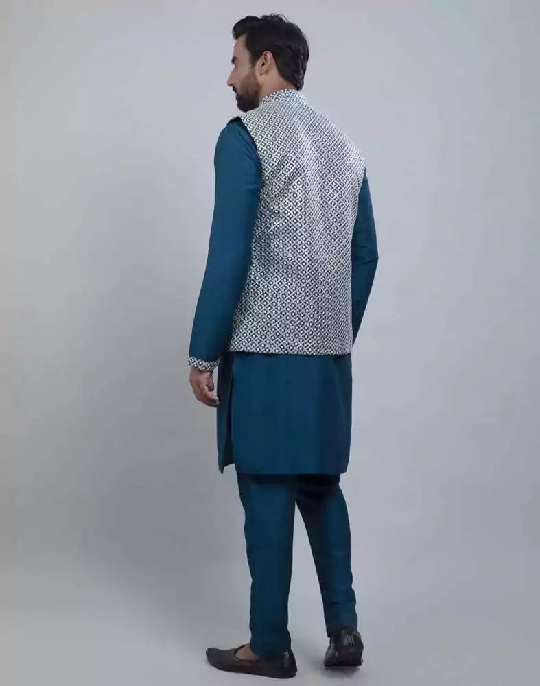 Image of Rama Green All Over Heavy Thread and Sequence Work Kurta Jacket Set - South India Shopping Mall