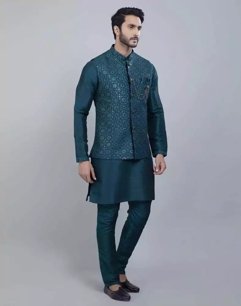 Image of Rama Green Fabulous Sequence Work Kurta Jacket Set - South India Shopping Mall