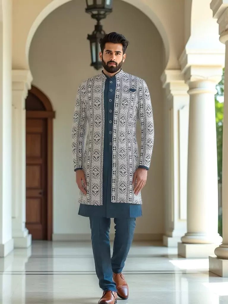 Image of Rama Green Polyester Kurta Pajama with Heavy Thread work Men's Jacket - South India Shopping Mall
