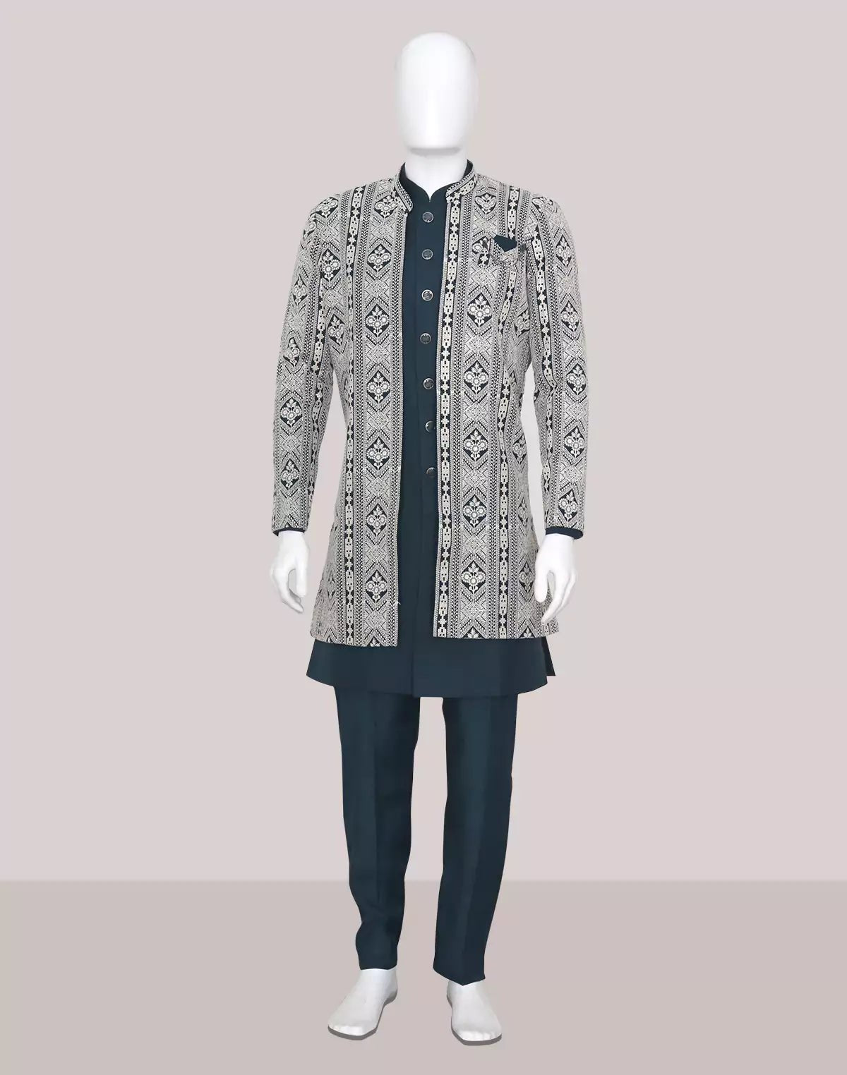 Image of Rama Green Polyester Kurta Pajama with Heavy Thread work Men's Jacket - South India Shopping Mall