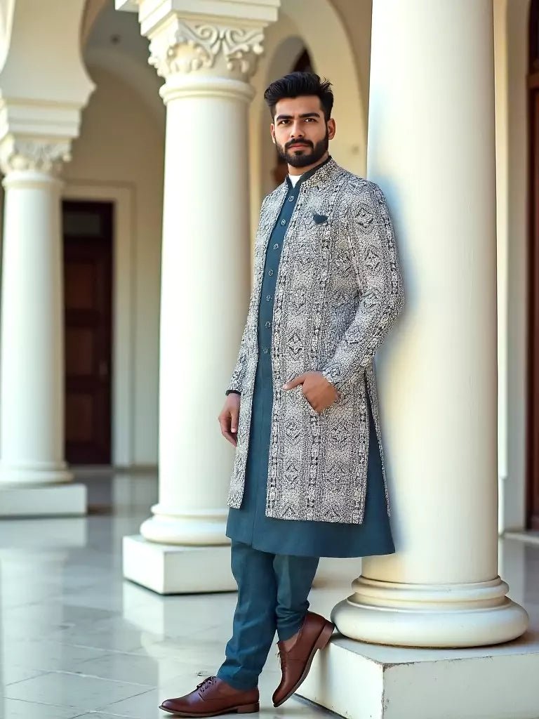 Image of Rama Green Polyester Kurta Pajama with Heavy Thread work Men's Jacket - South India Shopping Mall