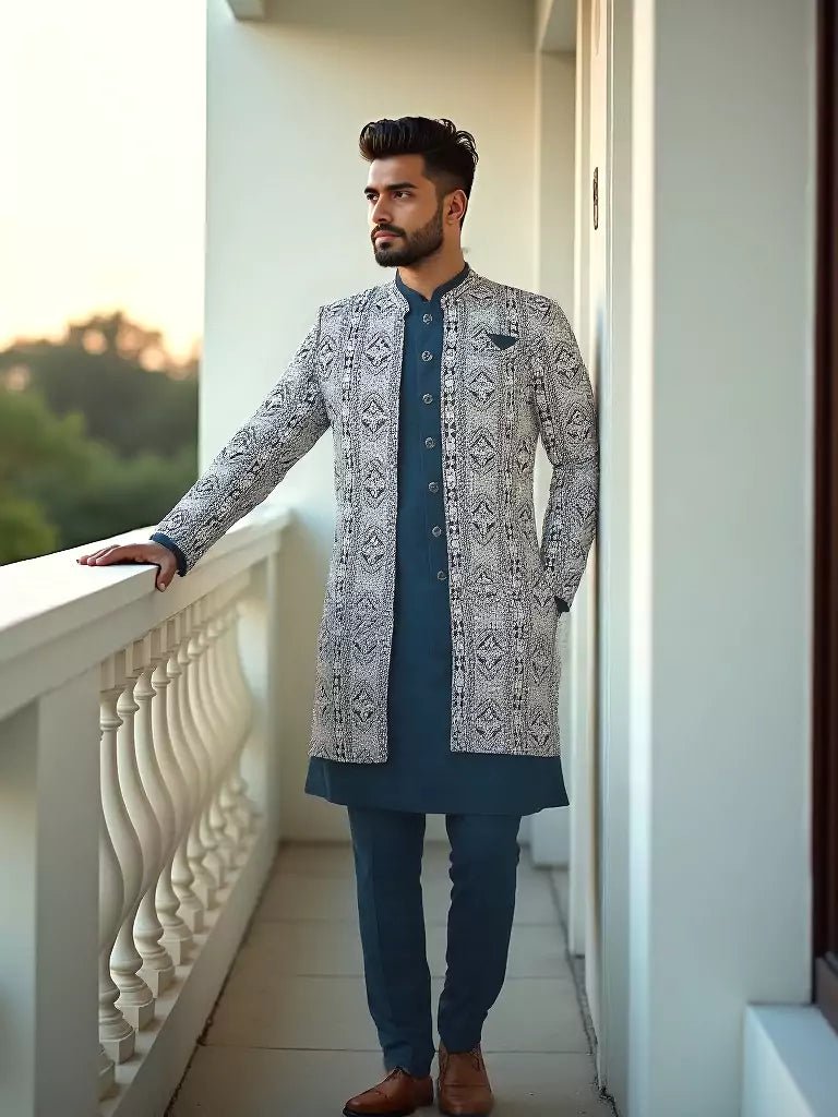 Image of Rama Green Polyester Kurta Pajama with Heavy Thread work Men's Jacket - South India Shopping Mall