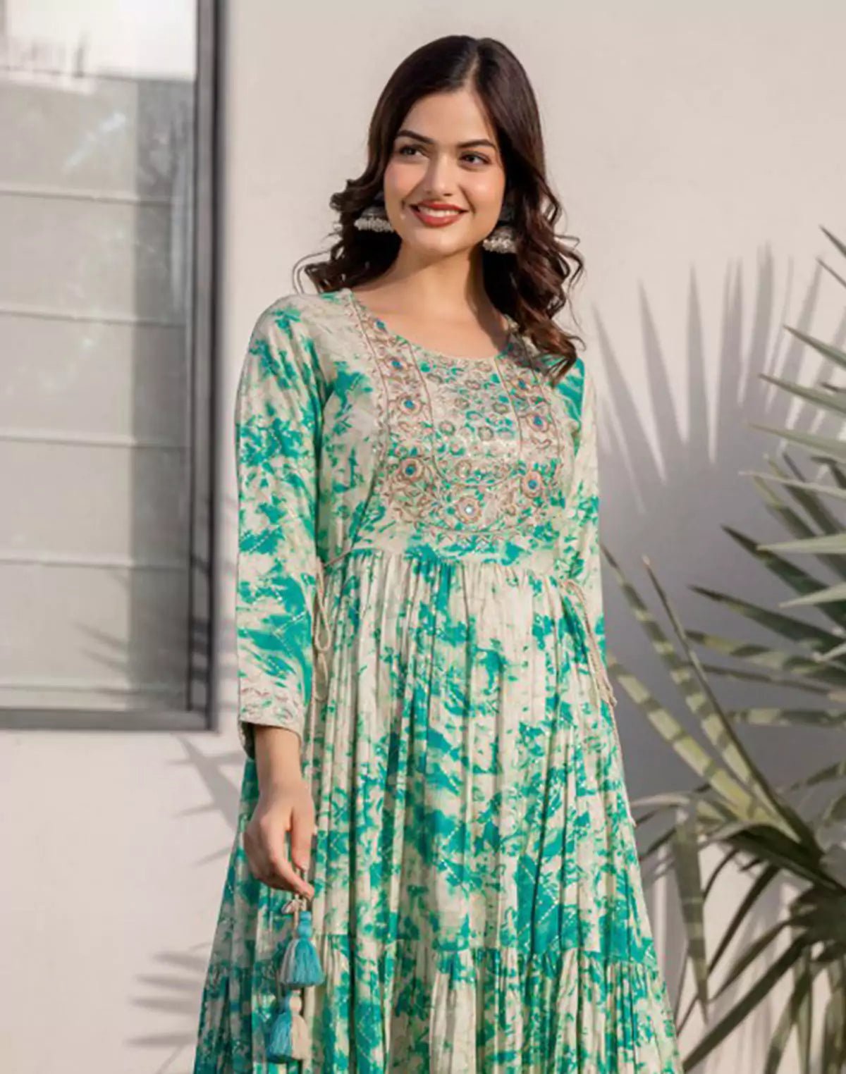 Image of Rama Green Shibori Print Flared Rayon Kurti - South India Shopping Mall