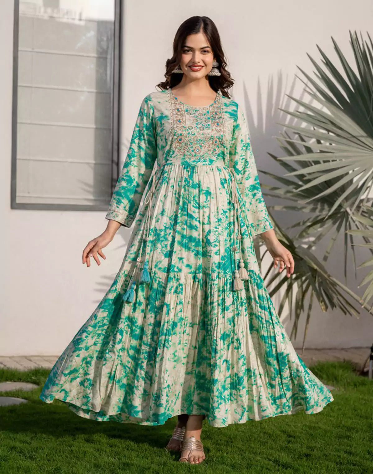 Image of Rama Green Shibori Print Flared Rayon Kurti - South India Shopping Mall