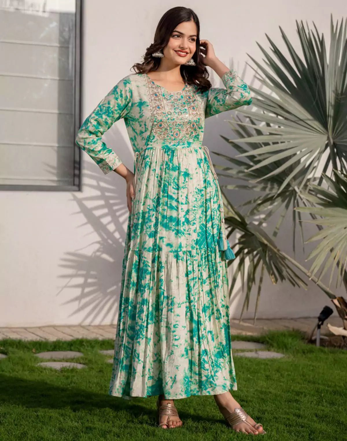 Image of Rama Green Shibori Print Flared Rayon Kurti - South India Shopping Mall