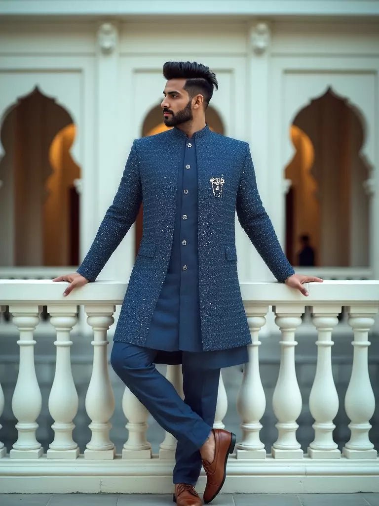 Image of Rama Self Design Thread Embroidery work Cotton - Satin Kurta Jacket Set - South India Shopping Mall