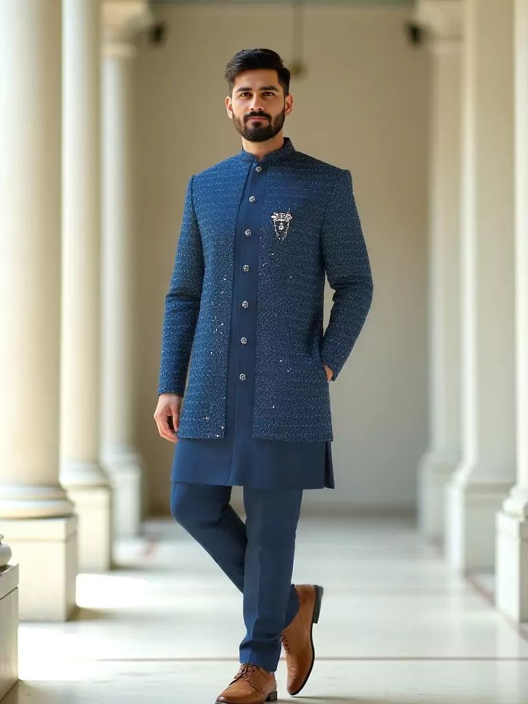 Image of Rama Self Design Thread Embroidery work Cotton - Satin Kurta Jacket Set - South India Shopping Mall