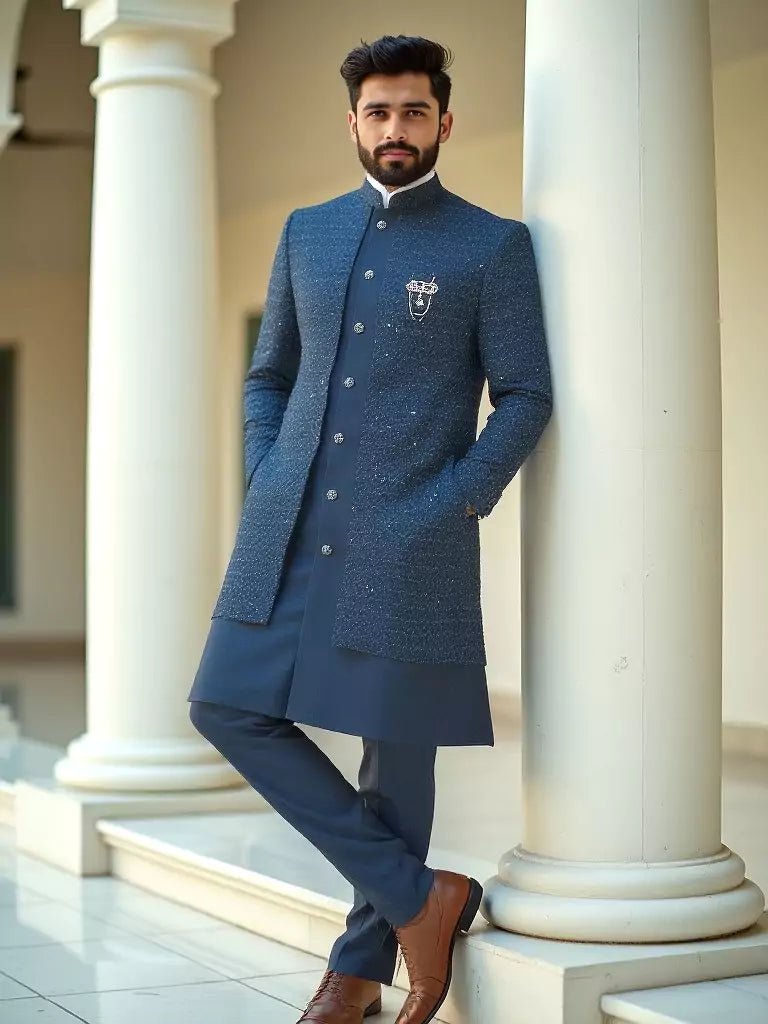 Image of Rama Self Design Thread Embroidery work Cotton - Satin Kurta Jacket Set - South India Shopping Mall